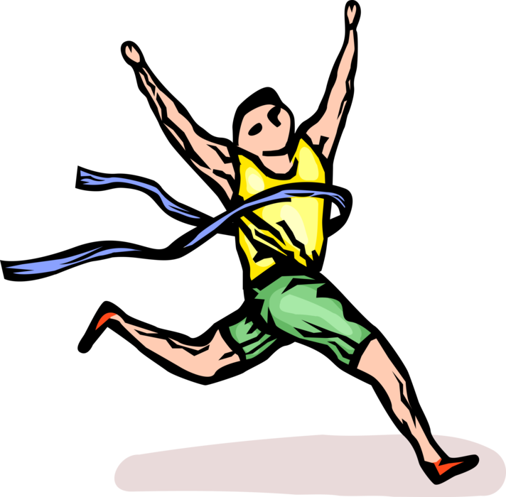Vector Illustration of Track and Field Athletic Sport Contest Runner Wins Race Crosses Finish Line