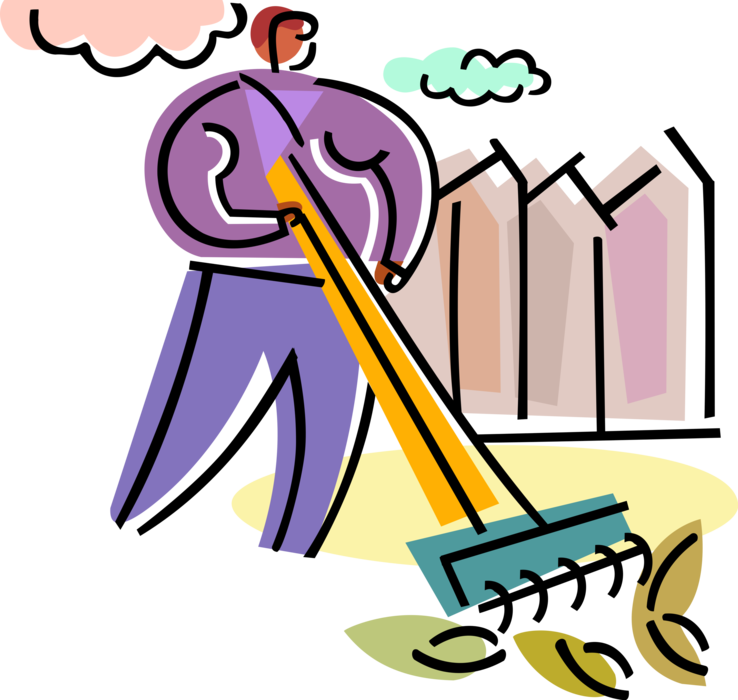 Vector Illustration of Gardening and Lawn Care Raking Fall Autumn Leaves with Garden Rake