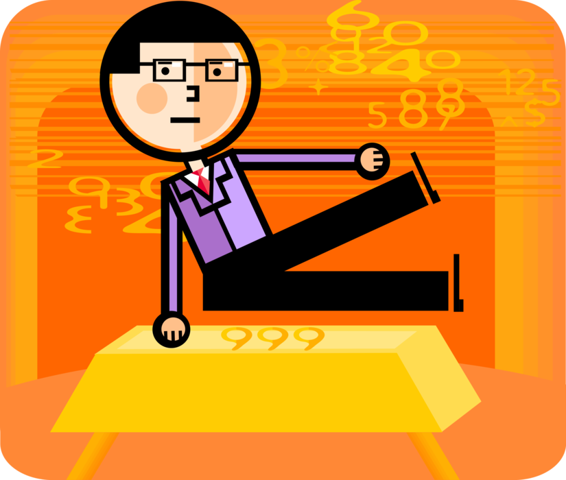 Vector Illustration of Businessman Gymnast on Financial Pommel Horse Gold Bullion Precious Metal Bar