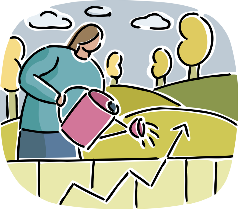 Vector Illustration of Businesswoman Nurtures Corporate Growth with Watering Can and Business Chart Growth Arrow