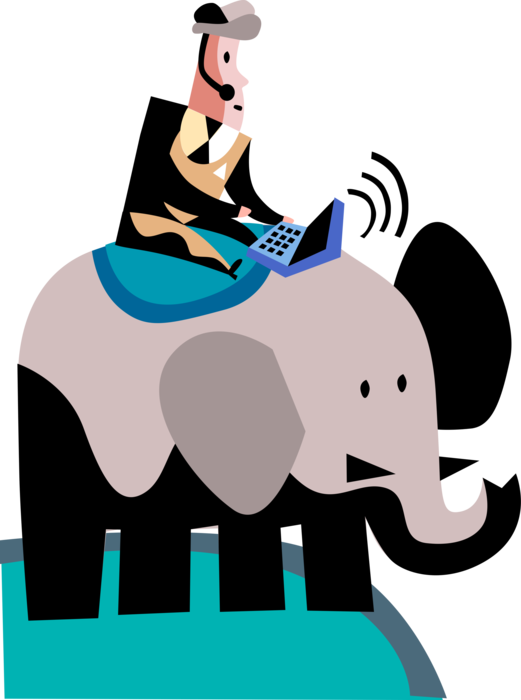 Vector Illustration of Businessman Traveler Rides Elephant with Personal Computer Communications