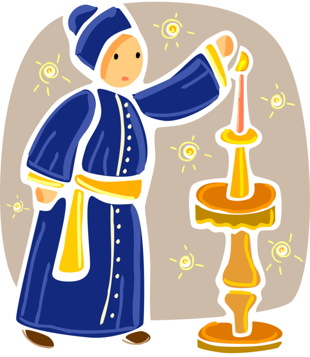 Vector Illustration of Orthodox Christian Clergy Priest Lights Sacramental Candle in Church