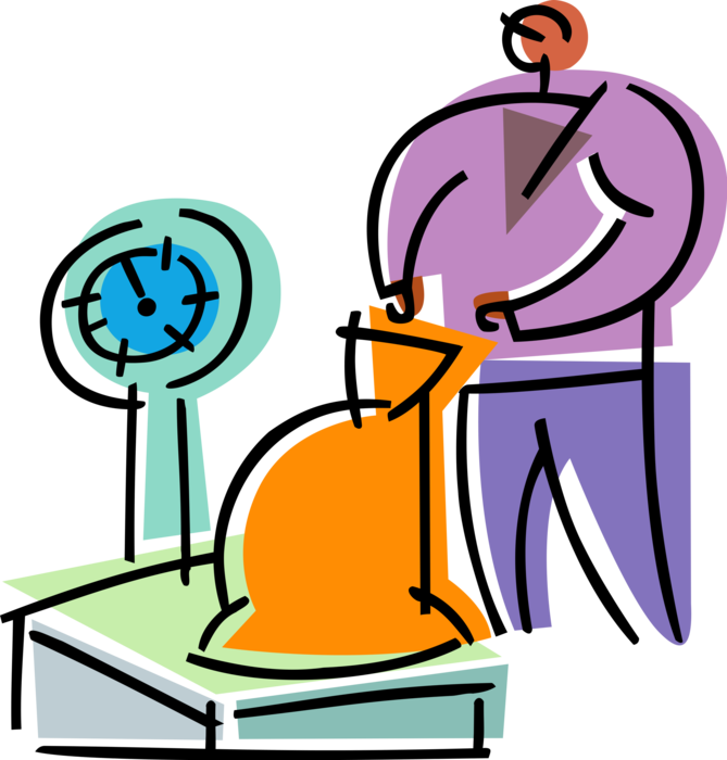 Vector Illustration of Farmer Weighs Grain Harvest on Weighing Scales Force-Measuring Device for Weight Measurement