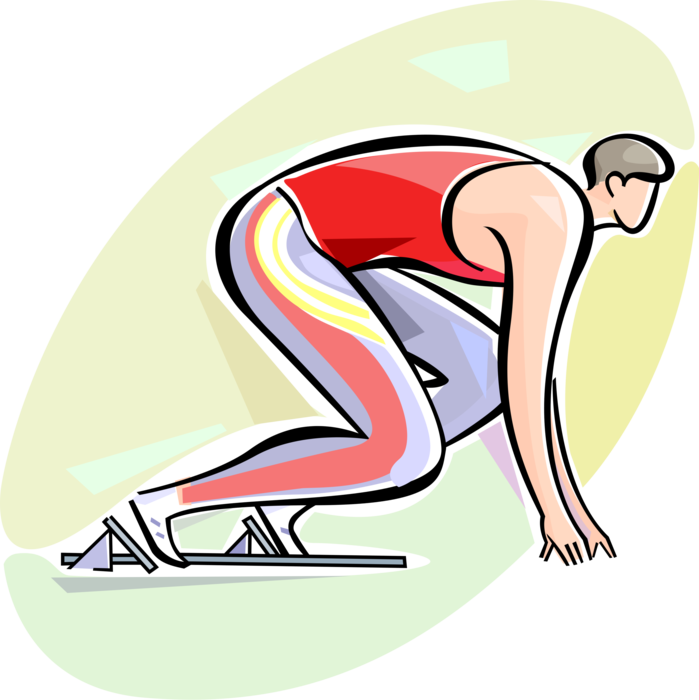 Vector Illustration of Track and Field Athletic Sport Contest Sprinter in Starting Blocks Before Competitive Running Race