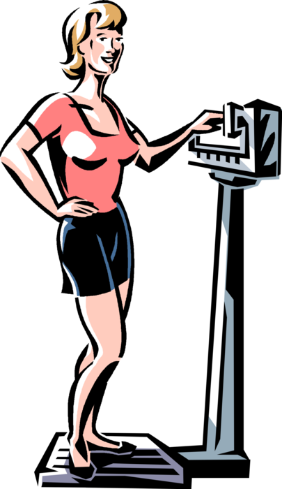 Vector Illustration of Physical Fitness Checking Weight Standing on Weigh Scale
