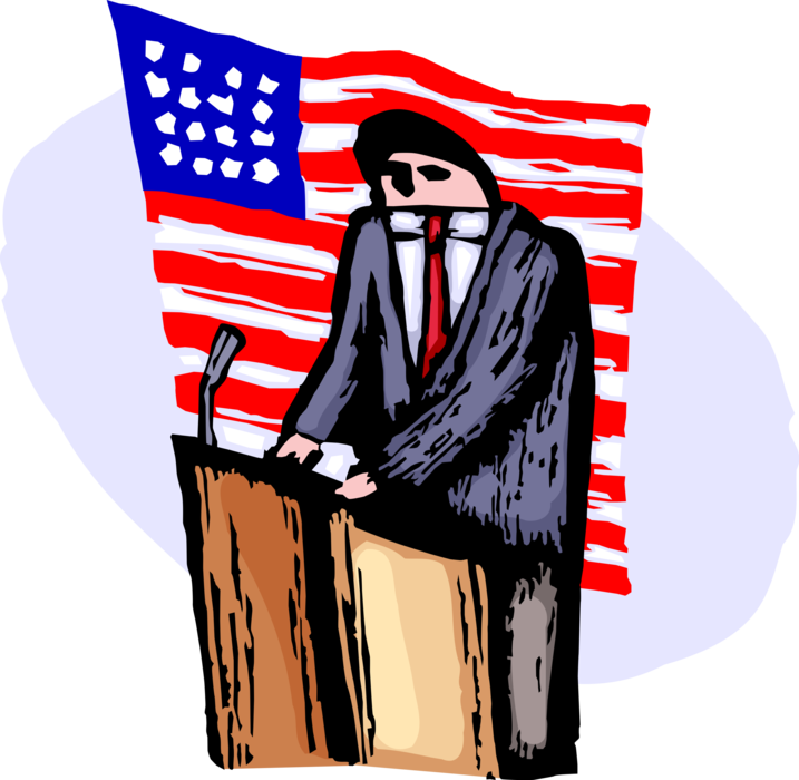 Vector Illustration of Politician at Podium in Moment of Silence Tribute to Victims of Terrorism with American Flag