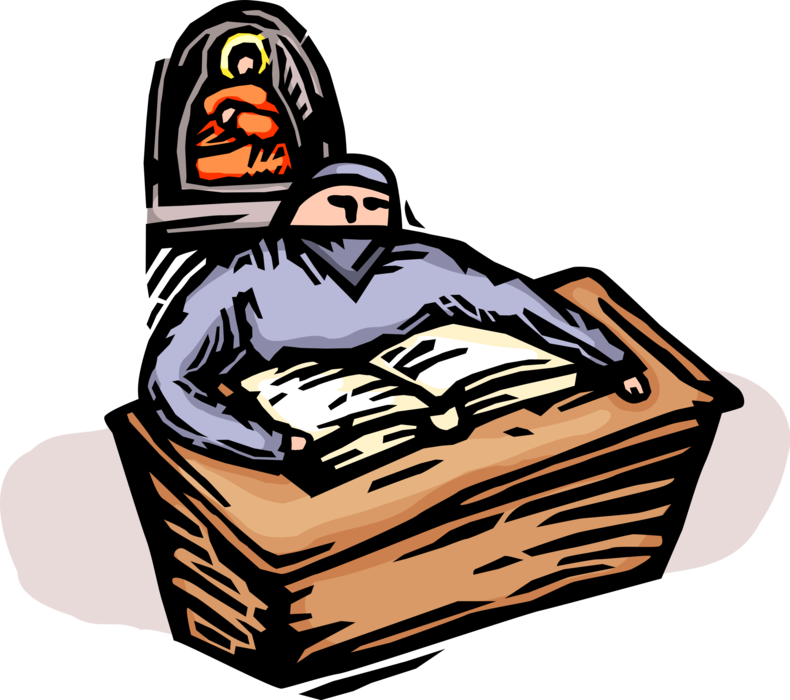 Vector Illustration of Christian Cleric Priest Reads Bible in Church Sanctuary Sacristy