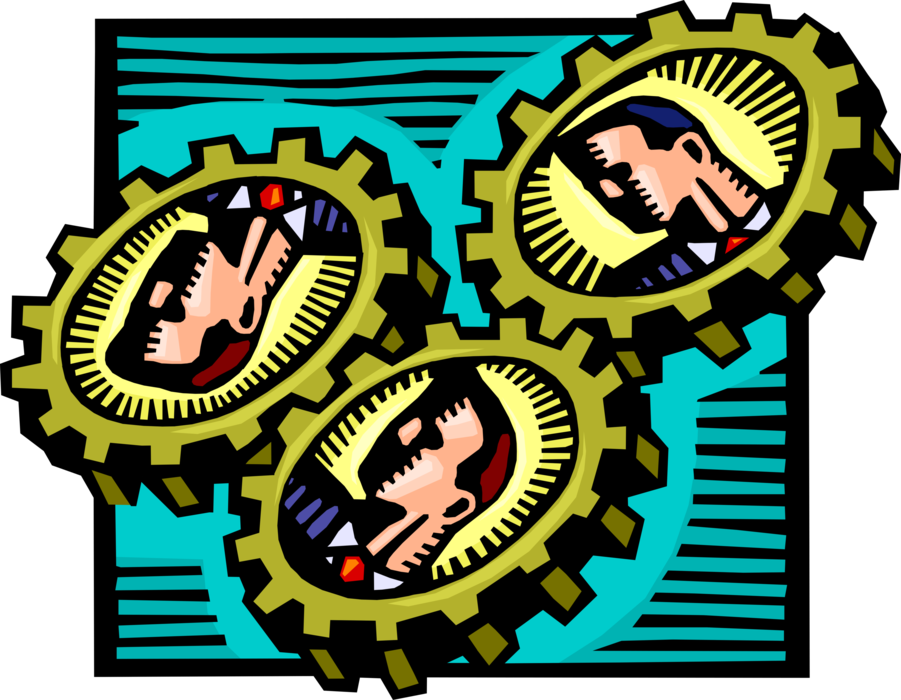 Vector Illustration of Businessmen with Industrial Manufacturing Cogwheel Gear Mechanisms of Economic Growth