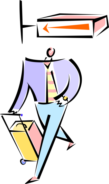 Vector Illustration of Business Air Traveler Walks Through Airport Terminal with Luggage