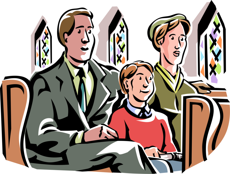 Vector Illustration of Family Attends Religious Church Service on Sunday