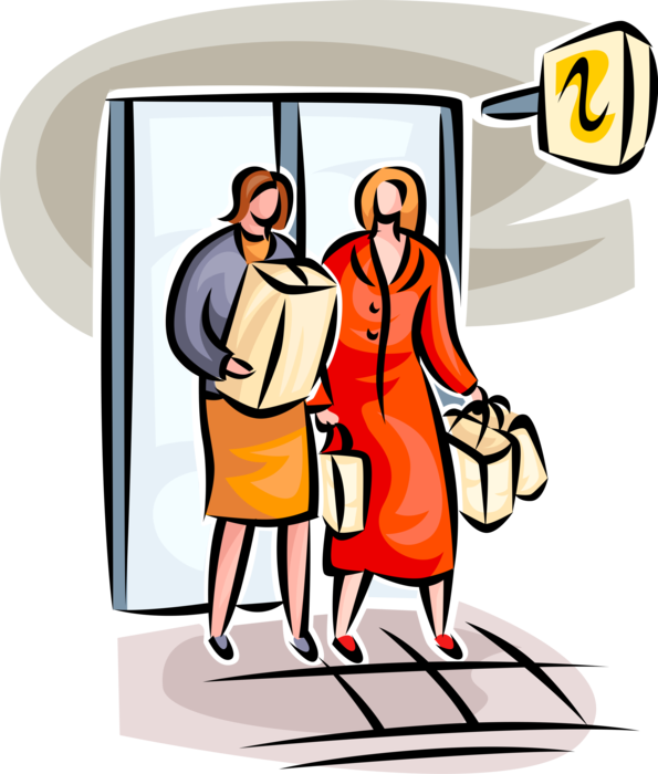 Vector Illustration of Shoppers Exit Retail Store with Shopping Bags and Purchases