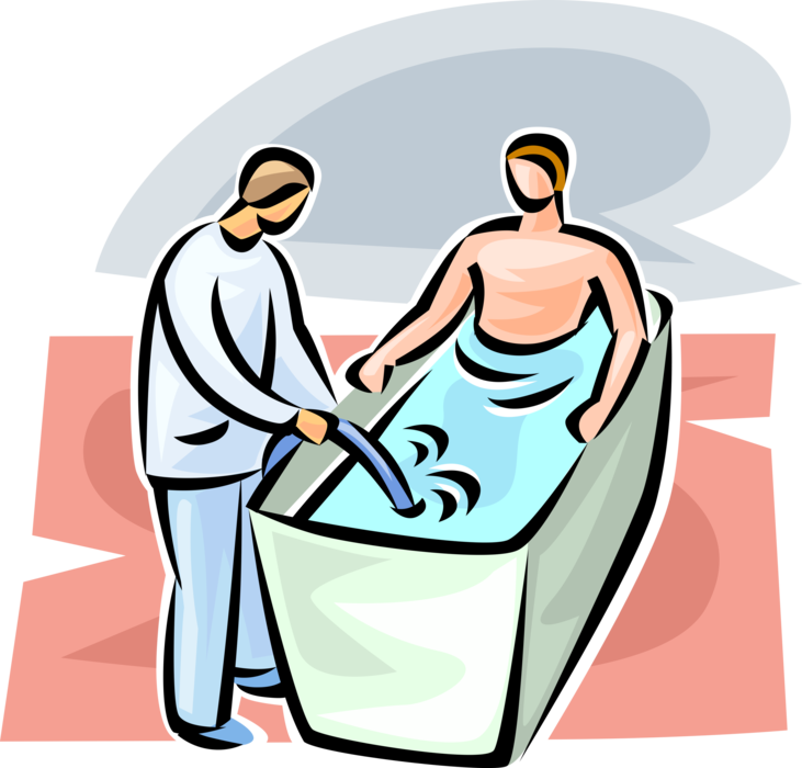 Vector Illustration of Physiotherapy Therapeutic Whirlpool Bath Bathtub with Patient and PT Therapist