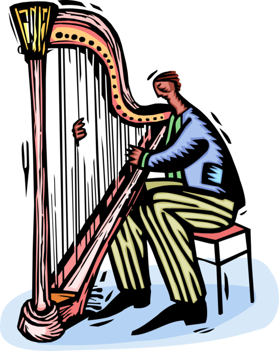 Vector Illustration of Musician Plays Harp Stringed Musical Instrument