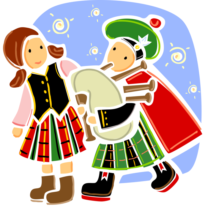 Vector Illustration of Scottish Highland Bagpiper Plays Bagpipes with Scottish Lassie in Traditional Aboyne Tartan Dress