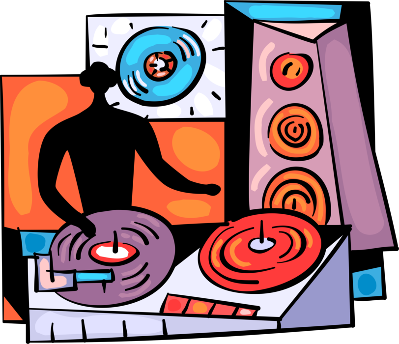Vector Illustration of Disc Jockey DJ Deejay Spins Vinyl Records on Turntables for Live Audience in Music Club