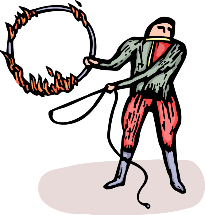 Vector Illustration of Big Top Circus Lion Trainer with Burning Hoop of Fire in Big Top Circus Animal Act