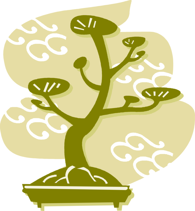 Vector Illustration of Japanese Exotic Miniature Bonsai Dwarf Potted Tree 