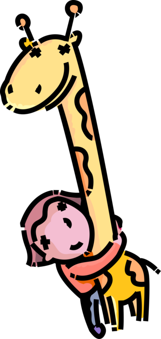 Vector Illustration of Primary or Elementary School Student Girl Hugs Stuffed Animal Giraffe