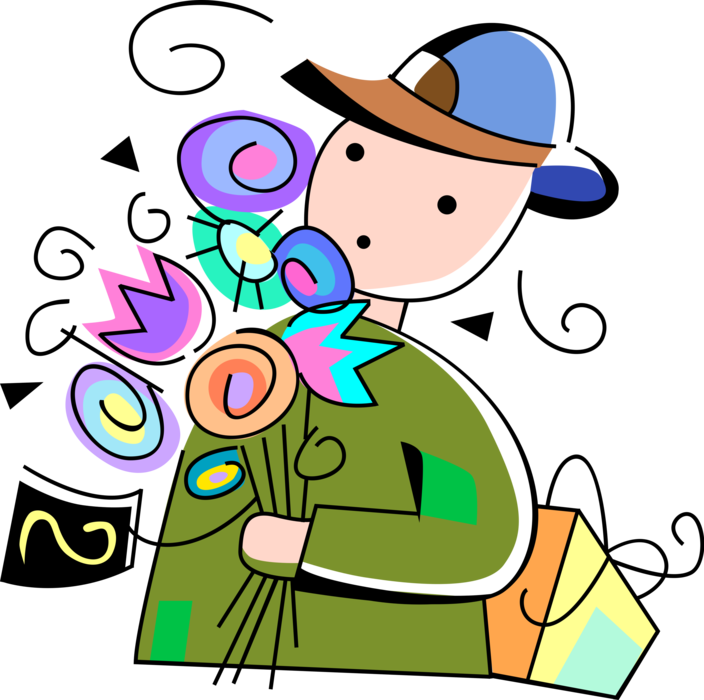 Vector Illustration of Man on Romantic Conquest with Bouquet of Flowers and Gift Present for Sweetheart