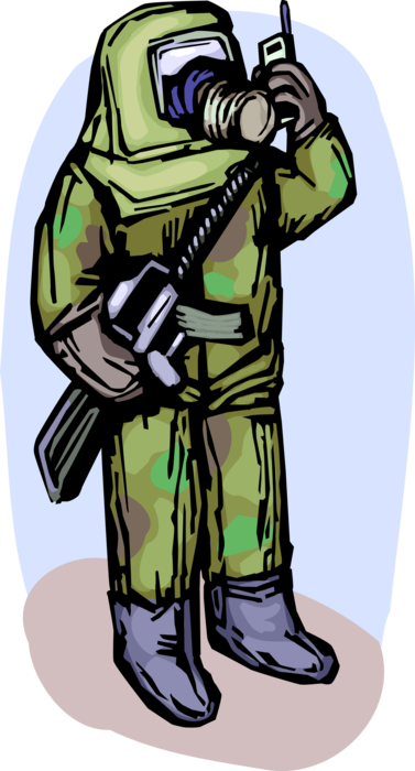 Vector Illustration of Heavily Armed Military Soldier in Chemical Weapons Protective Suit with Gas Mask