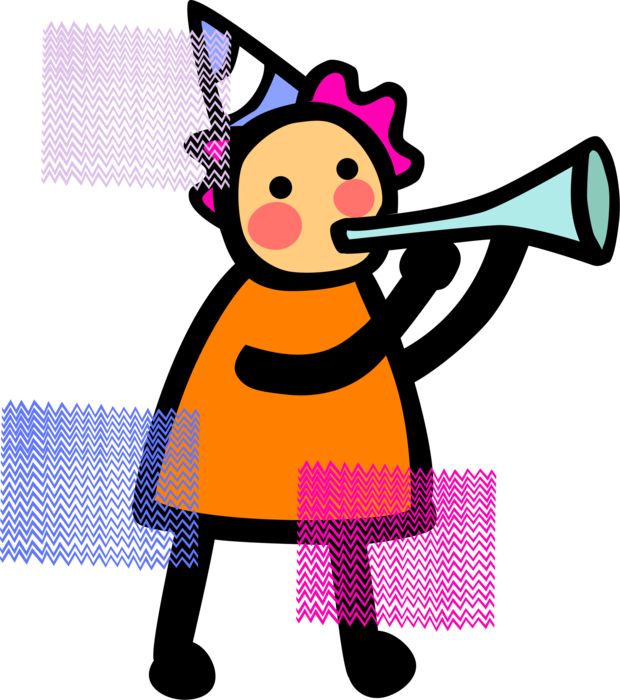 Vector Illustration of Young Girl Party Goer Blows Noisemaker Horn at Birthday Party