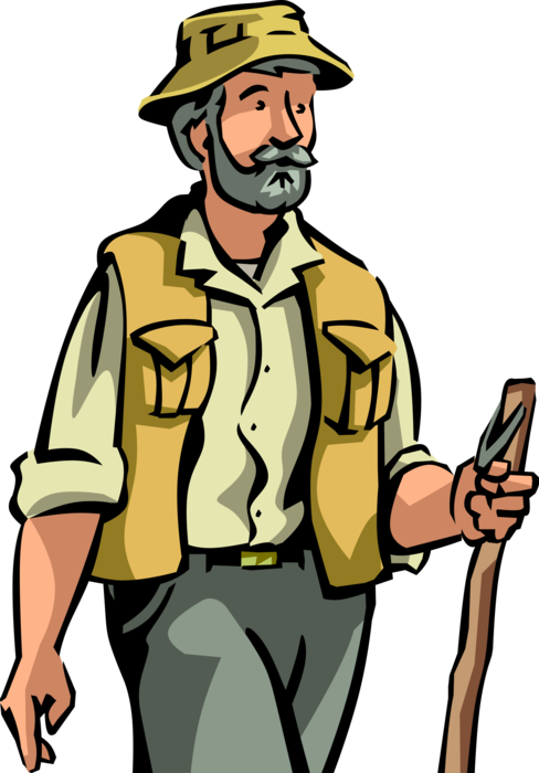 Vector Illustration of Retired Elderly Senior Citizen Hiker Hiking Outdoors with Walking Stick