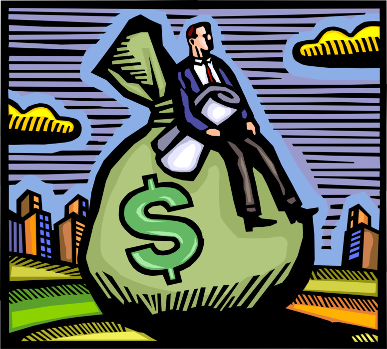 Vector Illustration of Financially Secure Businessman Sits on Money Bag, Moneybag, or Sack of Cash Money Dollars