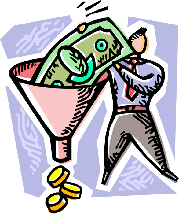 Vector Illustration of Businessman Invests Large Sums of Cash Money Dollars to Generate Meagre Profits with Funnel and Coins