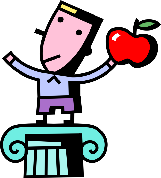 Vector Illustration of Educational Achievement Student Stands on Classic Greek Column with Apple for Teacher