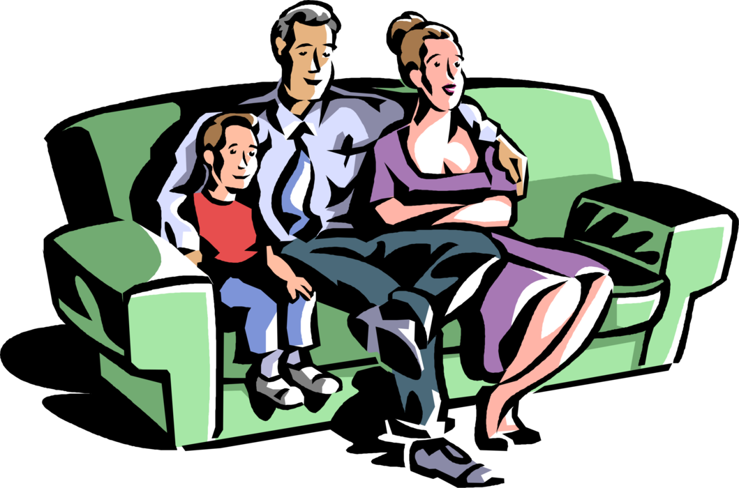 Vector Illustration of Family Sits on Sofa Couch Watching Television