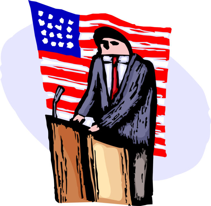 Vector Illustration of United States Politician Pays Tribute to Victims of Terror at Podium with American Flag