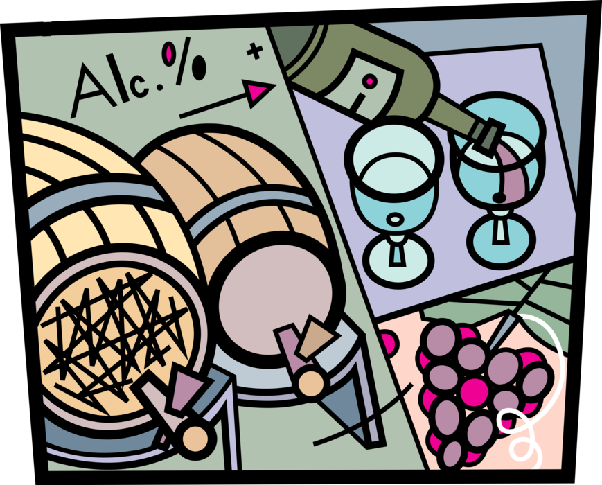Vector Illustration of Winemaker or Vintner Samples Wine Quality During Winemaking or Vinification with Barrel Casks and Grapes