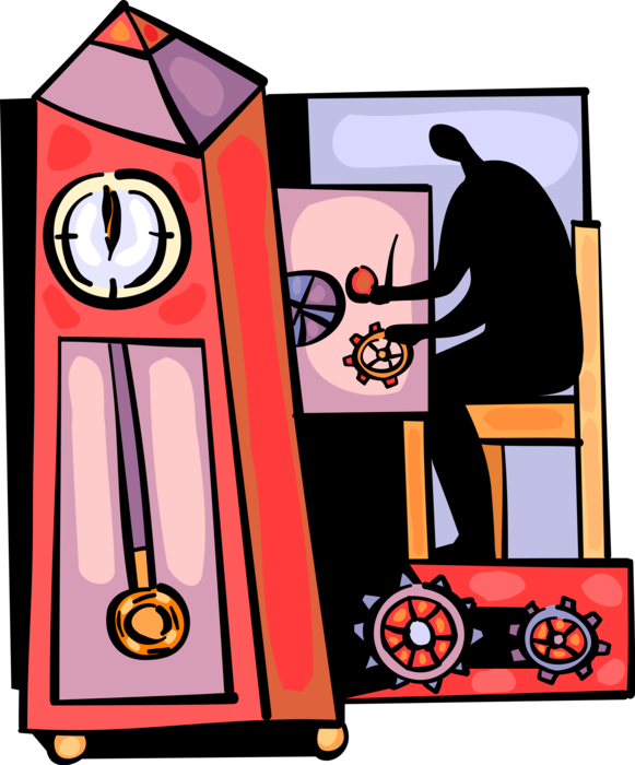 Vector Illustration of Watch and Clockmaker Works on the Intricate Precision Gears of Grandfather Clock