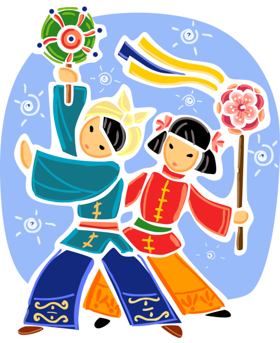Vector Illustration of Chinese Children in Traditional Dress Celebrate New Year Festival