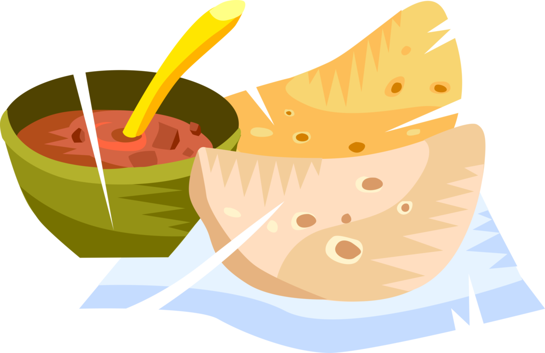 Vector Illustration of Bowl of Chili Con Carne with Spoon and Baked Bread