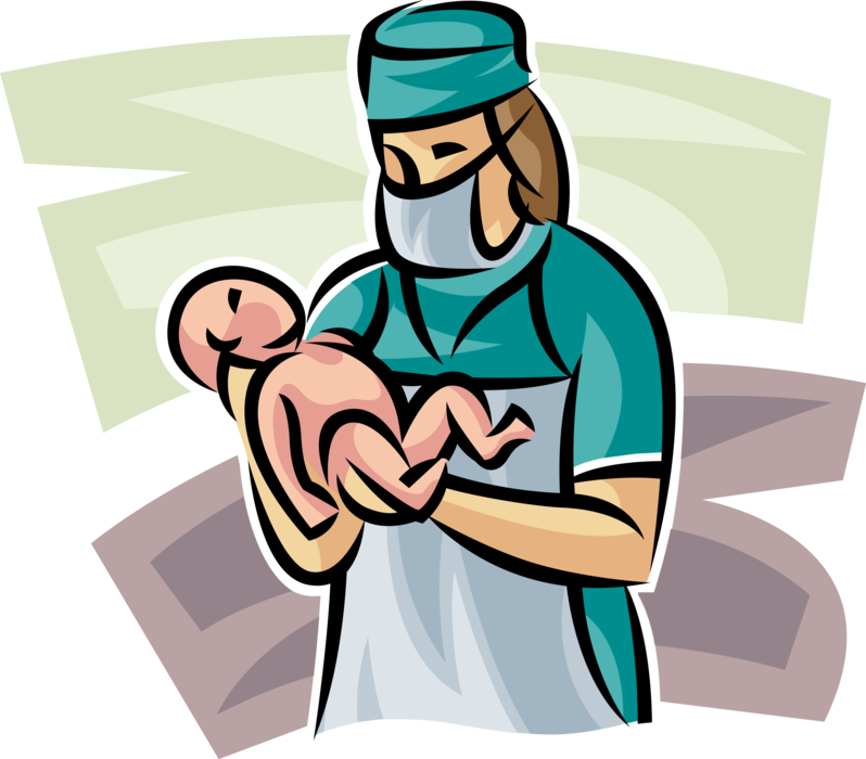 Vector Illustration of Health Care Professional Doctor Physician Obstetrician Delivers Newborn Infant Baby