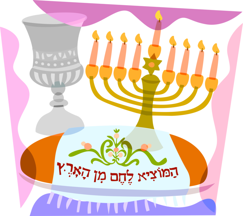 Vector Illustration of Jewish Chanukah Hanukkah Menorah Lampstand Nine Candles Candelabrum, Chalice, Challah Bread
