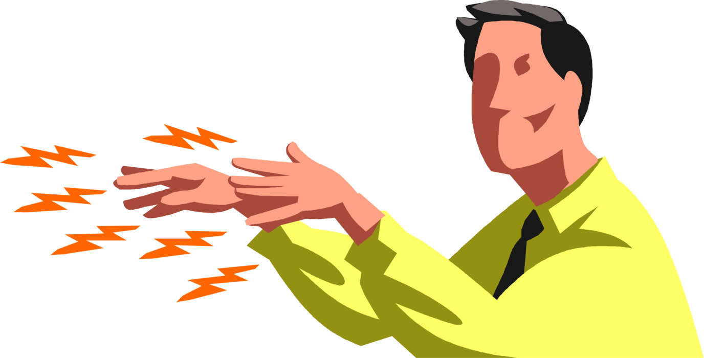 Vector Illustration of Businessman Possesses Supernatural or Superhuman Powers and Shoots Electric Energy from Hands