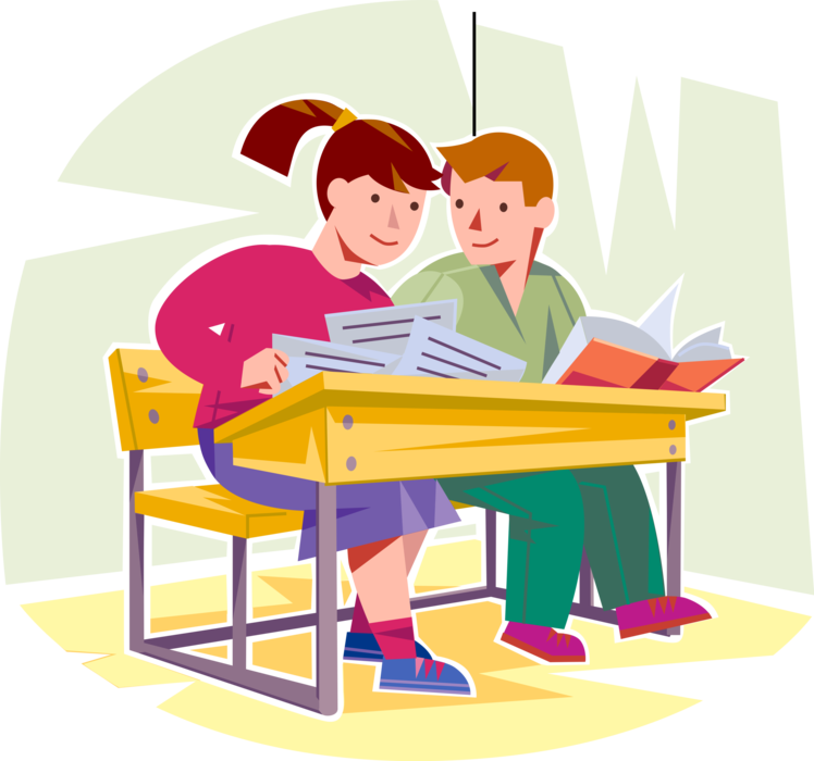 Vector Illustration of Students Collaborate on School Work Assignment Project in Classroom at Desk