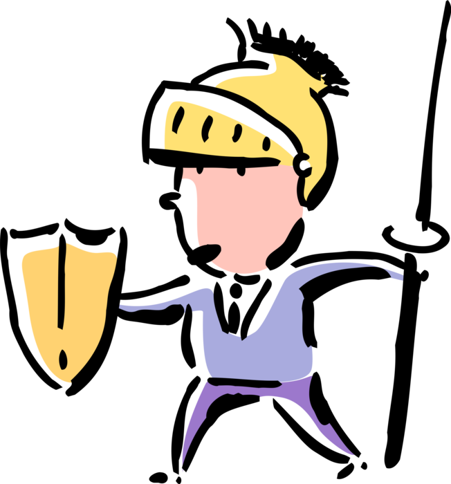Vector Illustration of Businessman Warrior in Medieval Knight's Armor Helmet with Shield and Jousting Lance