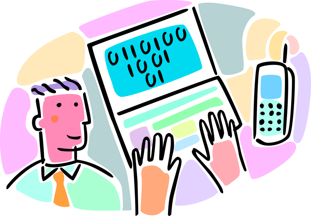 Vector Illustration of Notebook or Laptop Computer with Hands Typing on Keyboard with Mobile Cellular Telephone