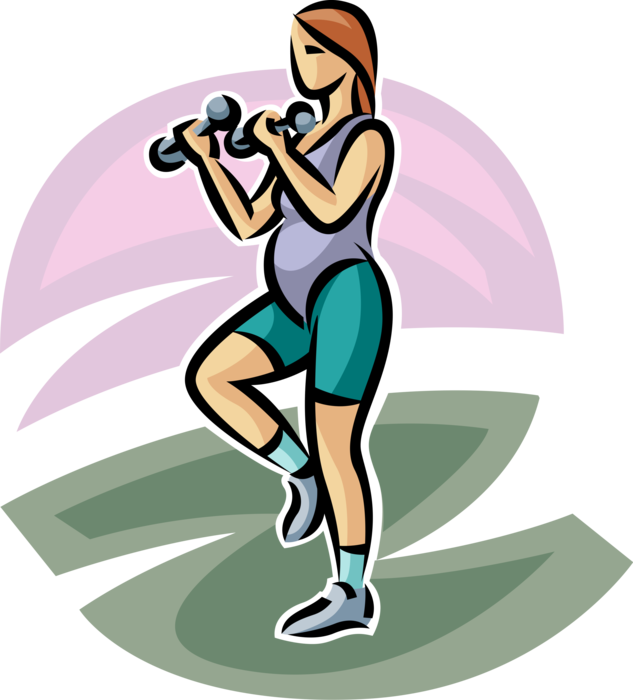 Vector Illustration of Pregnant Expectant Mother Working Out with Physical Exercise Dumbbell Weights