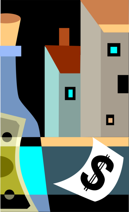 Vector Illustration of Financial Cash Money in Bottle with Commercial Real Estate Buildings