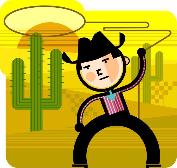 Vector Illustration of Western Rodeo Cowboy with Lasso Rope and Desert Succulent Cactus