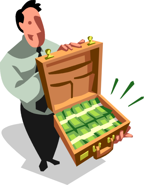 Vector Illustration of Hotshot Vulgarian Businessman Shows Off Briefcase Full of Cash Money Dollars