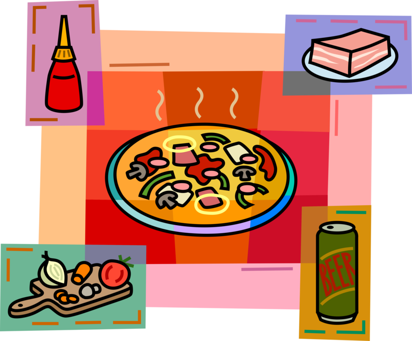 Vector Illustration of Fast Food Pizza with Soft Drink, Hot Sauce, Bacon, Kitchen Cutting Board