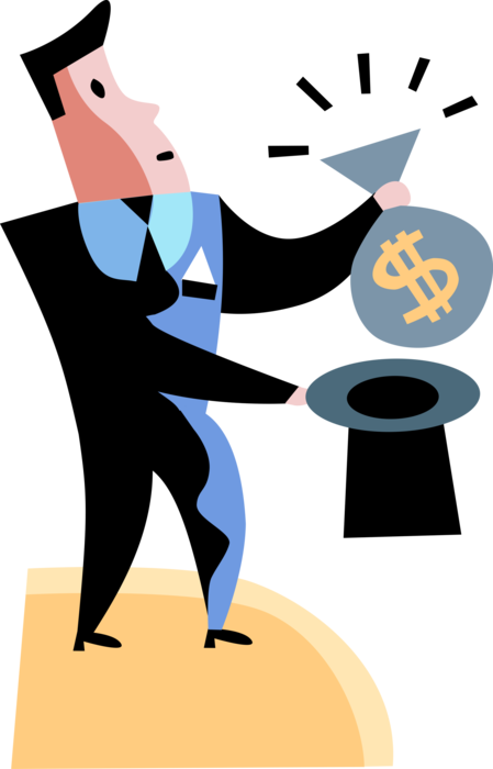 Vector Illustration of Businessman Financial Magician Pulls Cash Money Profit Dollars from Hat in Magic Act