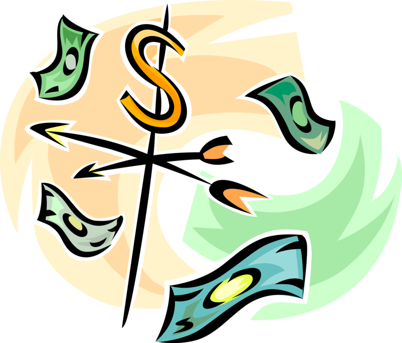 Vector Illustration of Financial Money Weather Vane or Weathercock with Dollar Bills Blowing in Wind