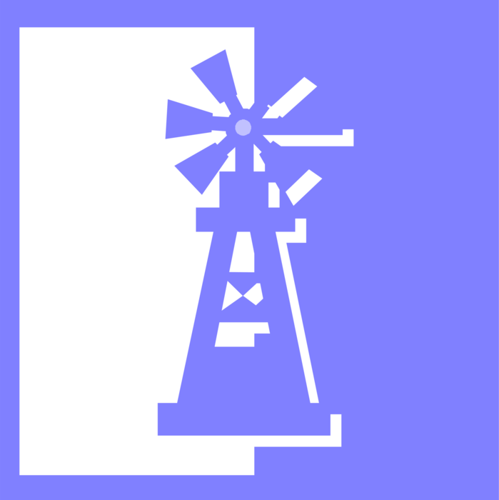 Vector Illustration of Farming Windmill or Wind Engine Pumps Water from Farm Well 