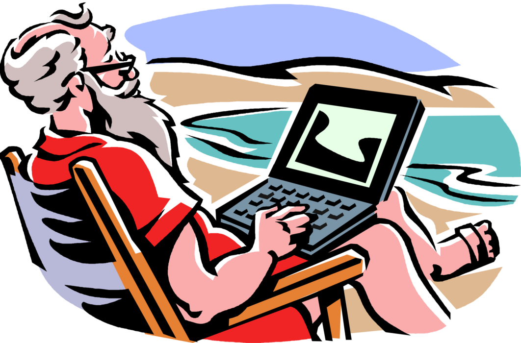 Vector Illustration of Santa Claus on Beach Vacation After Christmas Browses Internet on Laptop Computer